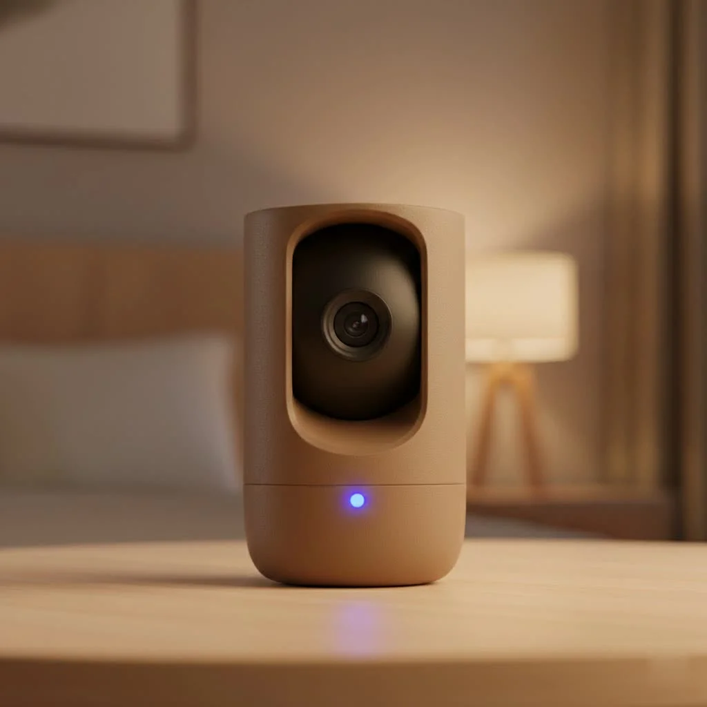 Wireless security camera overlooking a home's exterior