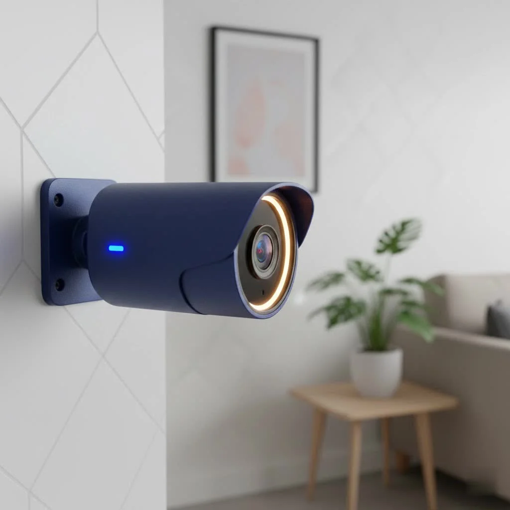 Modern security light with camera illuminating a home exterior at night