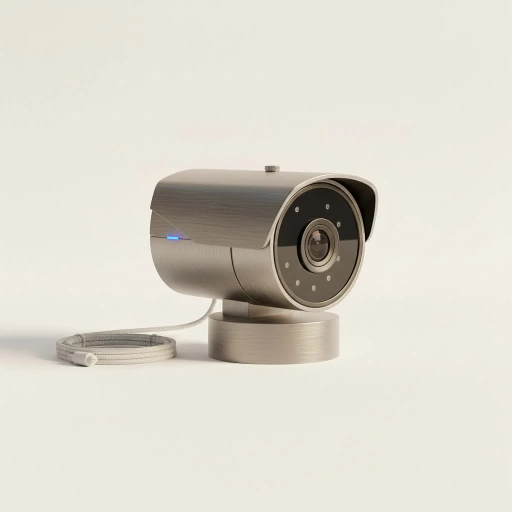Professional security camera installer working on a home surveillance system