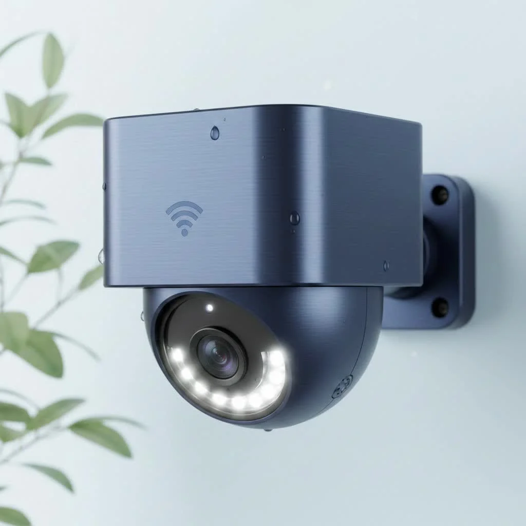 Professional security camera installer working on a building